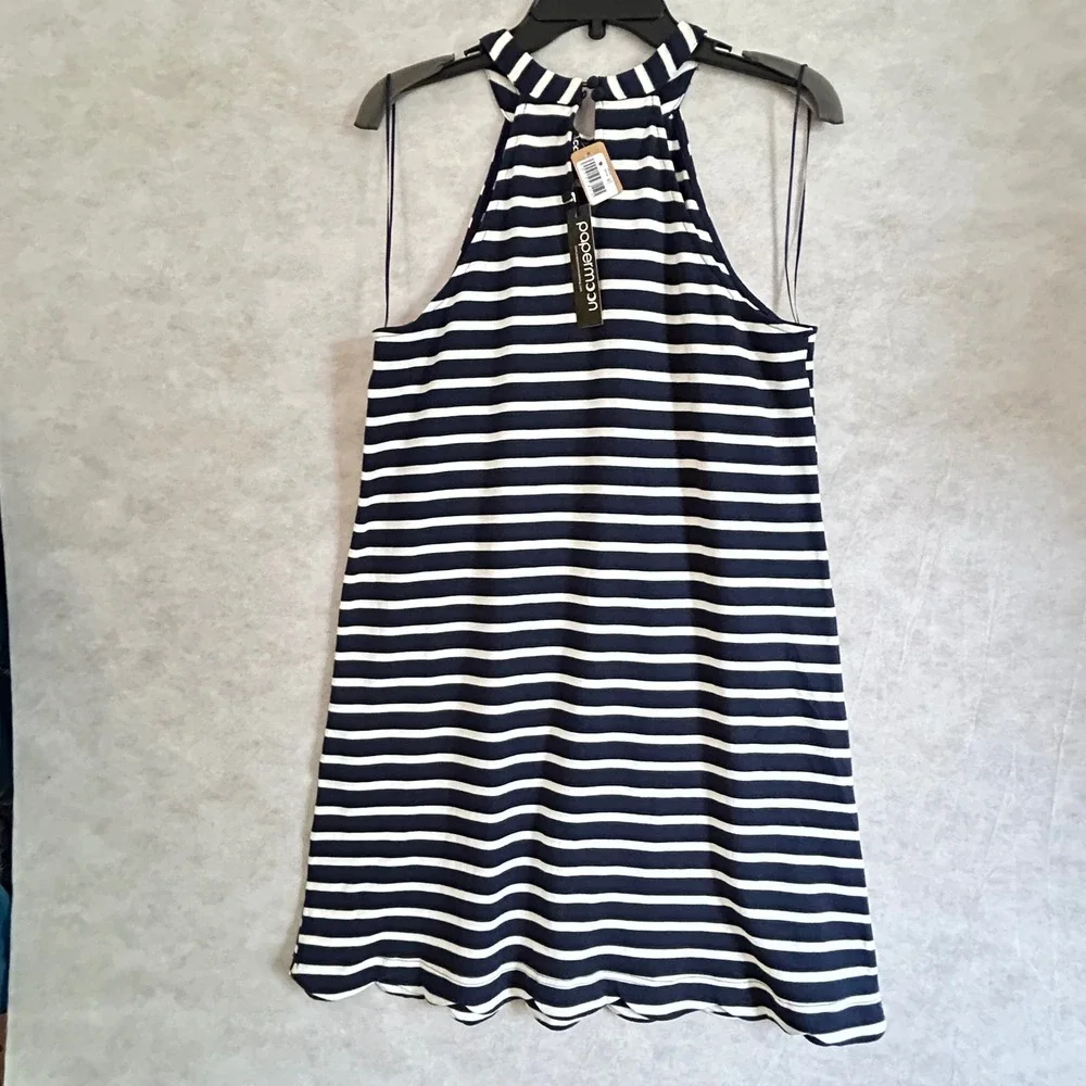 Papermoon Womens Navy White Striped Halter Mini Dress Scallop Hem CD5302‎ Size M